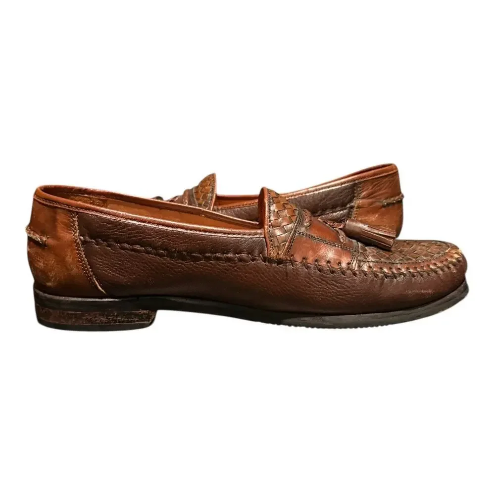 Brass Boot Men’s Brown Leather Weave Slip On Tassel Loafer Size 10.5 - Picture 8 of 9